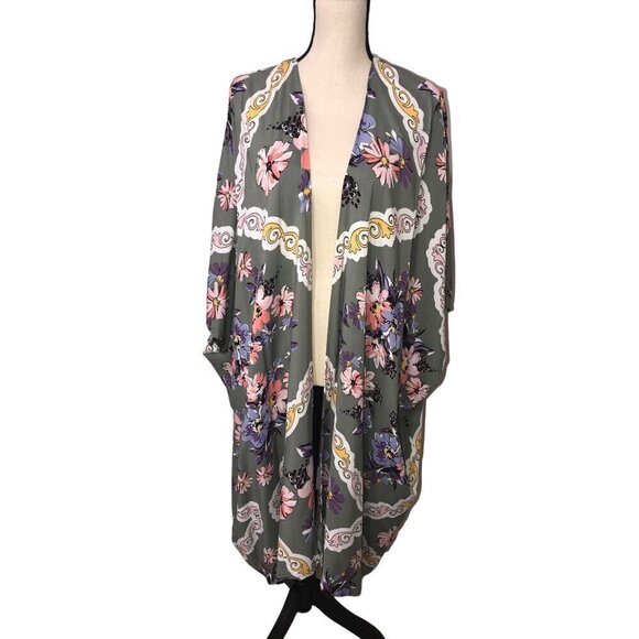 Krazy Kat Kimono XL Open Cardigan Rayon Floral Swim Cover Open Cardigan Beach - Picture 1 of 9
